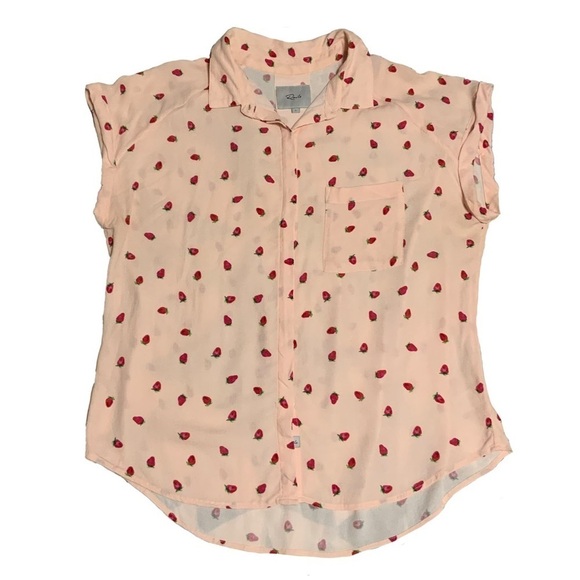Pink Strawberry Button Up Cap Sleeve Shirt - Picture 1 of 7
